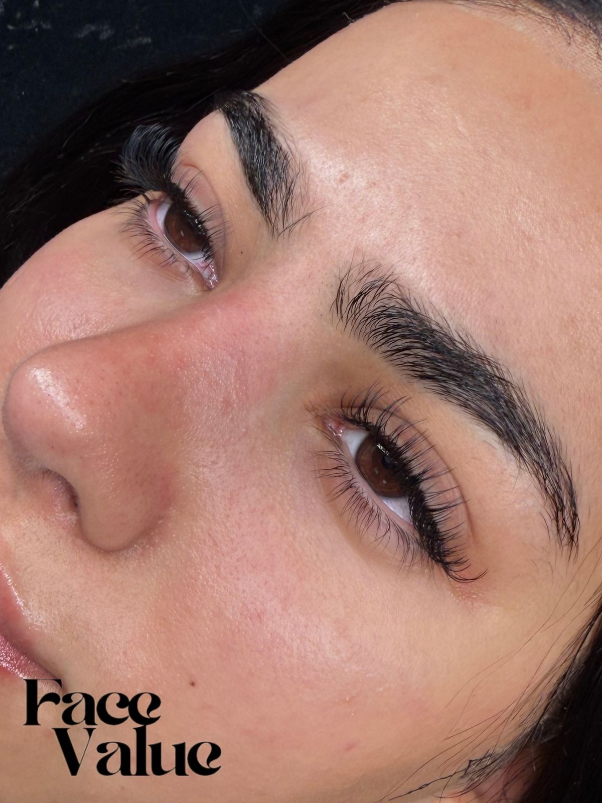 Lash set over a brown eye in profile